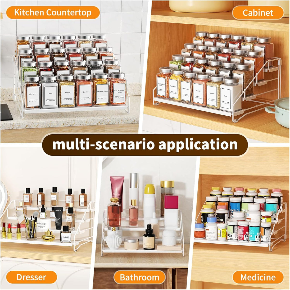 4 Tier Spice Rack for Cabinet, Spice Rack Organizer, Depth Adjustable Spice Holder for Countertop, Cupboard, Pantry, Seasoning Shelf, Metal, Black (1 Pack)