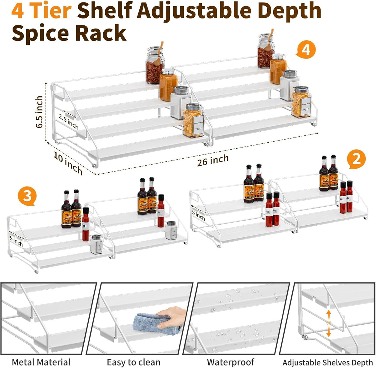 4 Tier Spice Rack for Cabinet, Spice Rack Organizer, Depth Adjustable Spice Holder for Countertop, Cupboard, Pantry, Seasoning Shelf, Metal, Black (1 Pack)