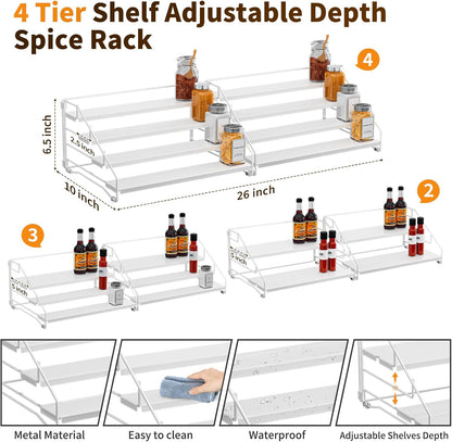 4 Tier Spice Rack for Cabinet, Spice Rack Organizer, Depth Adjustable Spice Holder for Countertop, Cupboard, Pantry, Seasoning Shelf, Metal, Black (1 Pack)