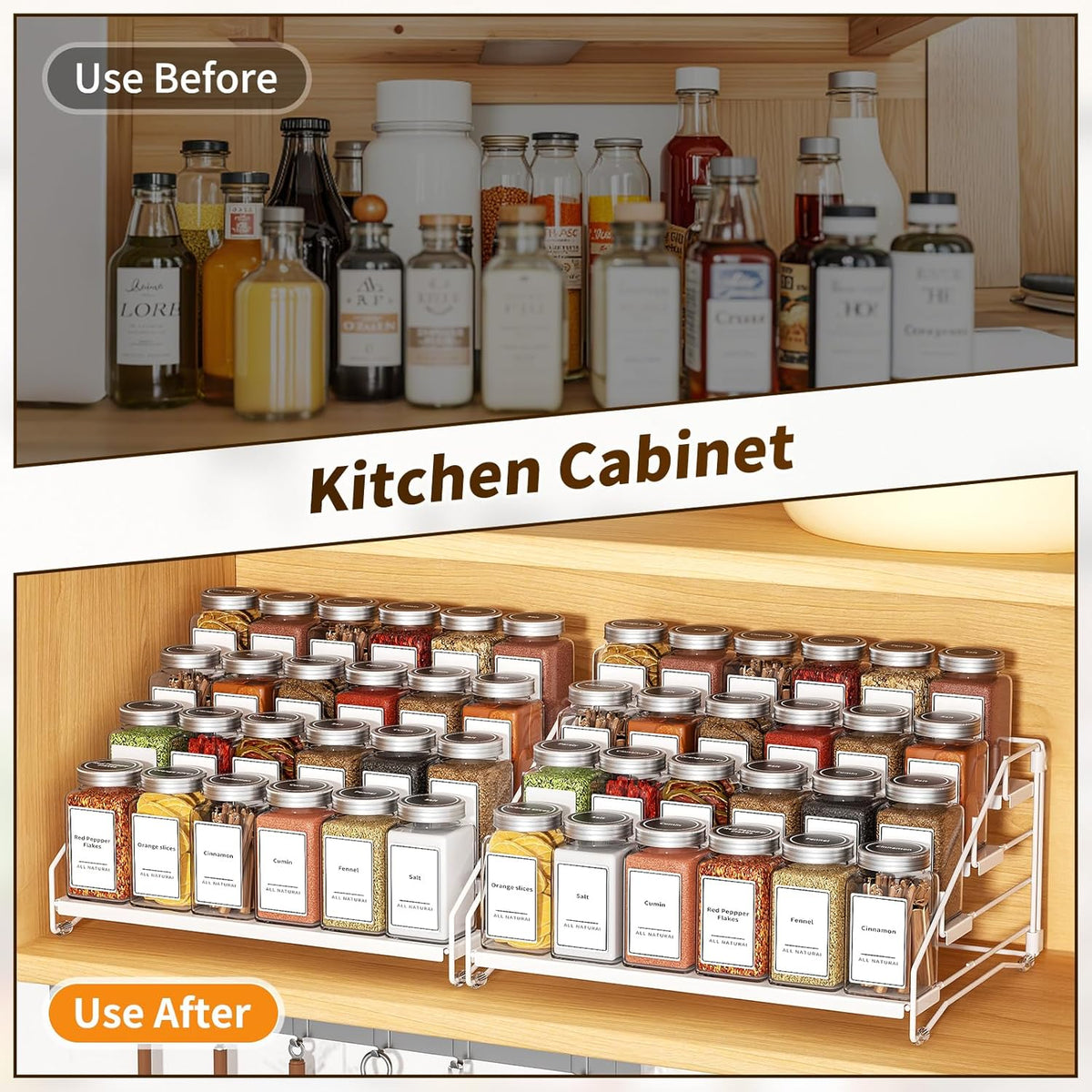 4 Tier Spice Rack for Cabinet, Spice Rack Organizer, Depth Adjustable Spice Holder for Countertop, Cupboard, Pantry, Seasoning Shelf, Metal, Black (1 Pack)