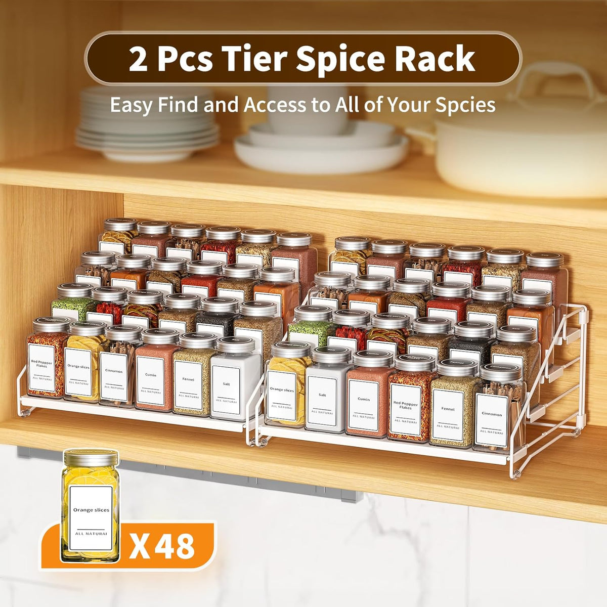 4 Tier Spice Rack for Cabinet, Spice Rack Organizer, Depth Adjustable Spice Holder for Countertop, Cupboard, Pantry, Seasoning Shelf, Metal, Black (1 Pack)
