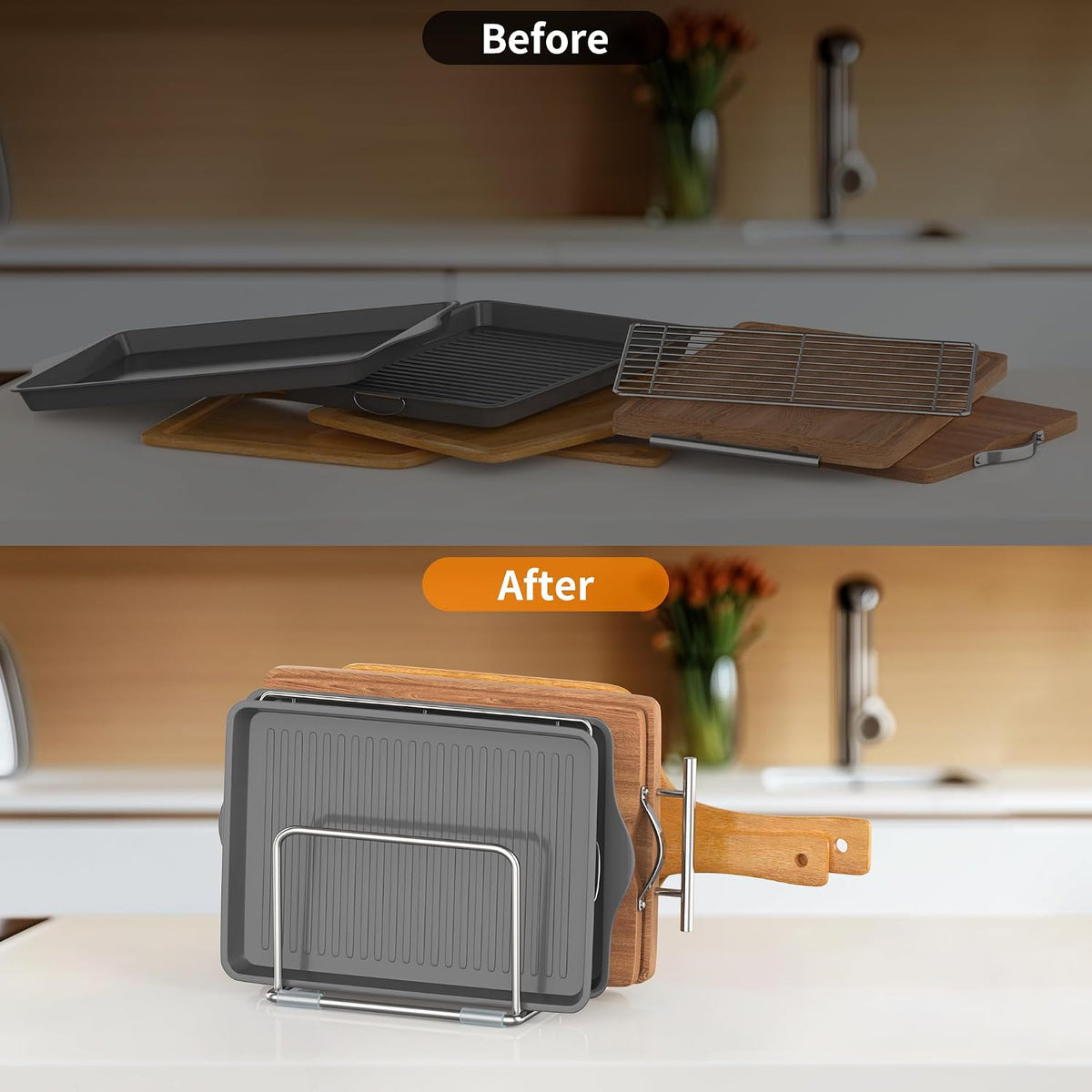Cutting Board Holder Stand, Chopping Board Organizer Rack with 304 Stainless Steel, Cookie Sheet Storage Organizer, 1.0 & 1.2 Inch Wide Slots