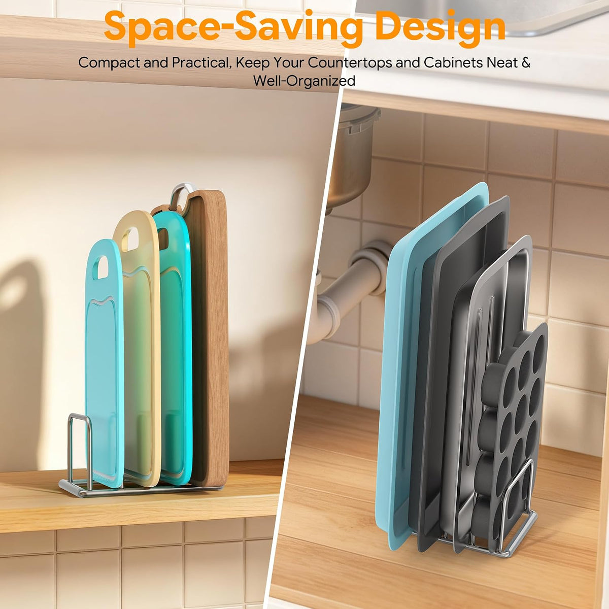 Cutting Board Holder Stand, Chopping Board Organizer Rack with 304 Stainless Steel, Cookie Sheet Storage Organizer, 1.0 & 1.2 Inch Wide Slots