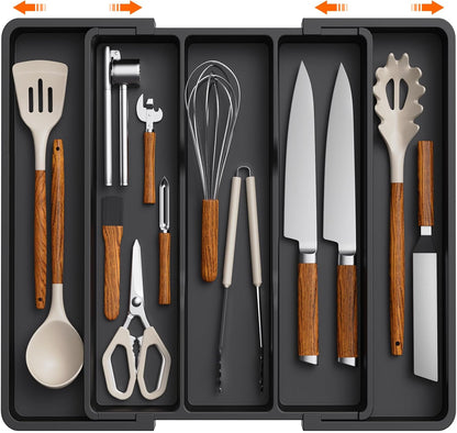 Utensil Organizer for Kitchen Drawers, Expandable Utensil Tray | Adjustable Cooking Cutlery Silverware Flatware Holder, Plastic Spatula Tools Storage Divider, 11-18 x 14", Black
