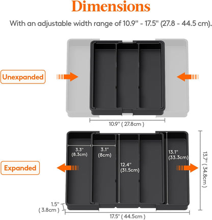 Utensil Organizer for Kitchen Drawers, Expandable Utensil Tray | Adjustable Cooking Cutlery Silverware Flatware Holder, Plastic Spatula Tools Storage Divider, 11-18 x 14", Black