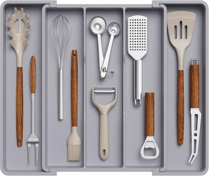 Utensil Organizer for Kitchen Drawers, Expandable Utensil Tray | Adjustable Cooking Cutlery Silverware Flatware Holder, Plastic Spatula Tools Storage Divider, 11-18 x 14", Black