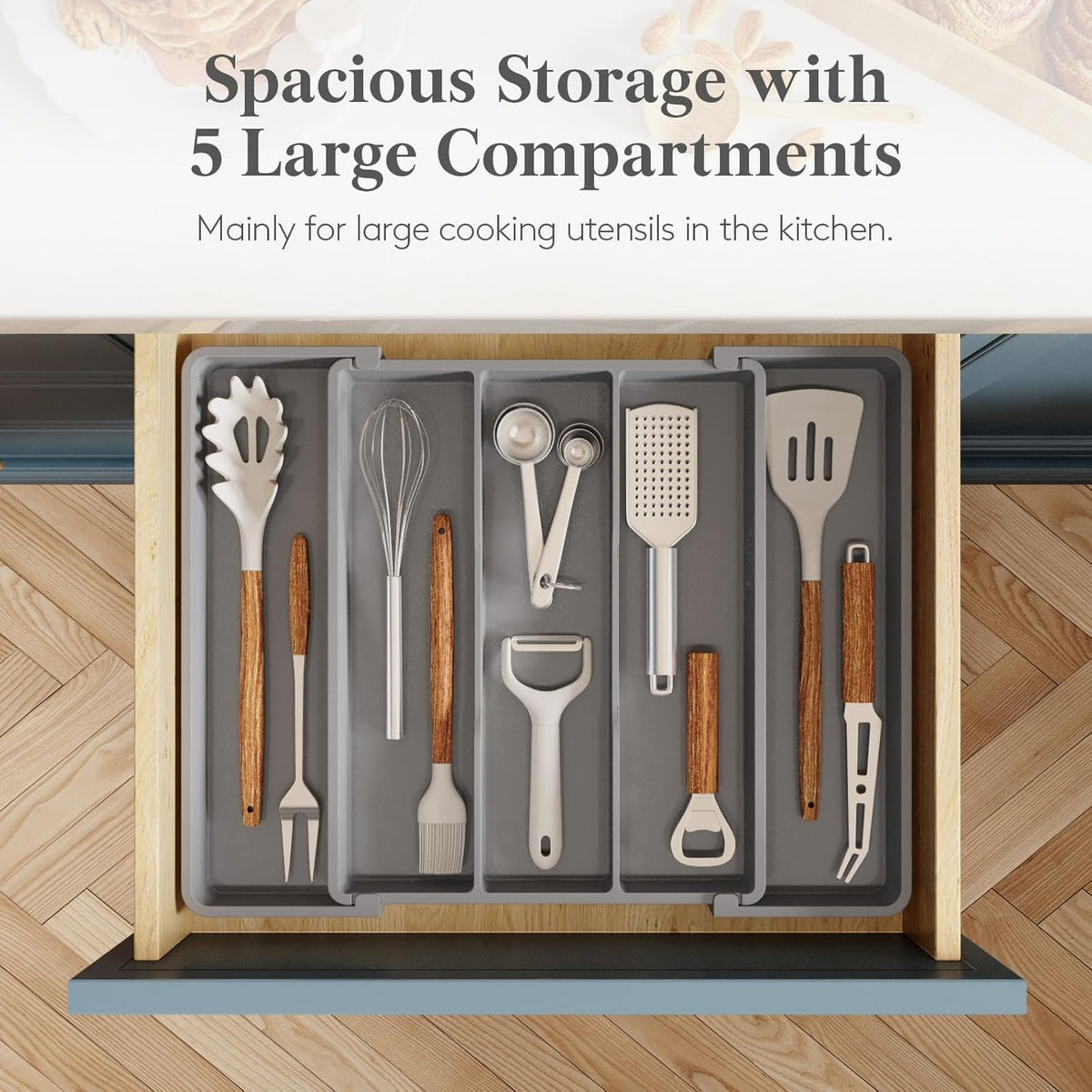 Utensil Organizer for Kitchen Drawers, Expandable Utensil Tray | Adjustable Cooking Cutlery Silverware Flatware Holder, Plastic Spatula Tools Storage Divider, 11-18 x 14", Black