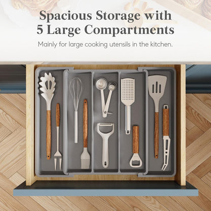 Utensil Organizer for Kitchen Drawers, Expandable Utensil Tray | Adjustable Cooking Cutlery Silverware Flatware Holder, Plastic Spatula Tools Storage Divider, 11-18 x 14", Black