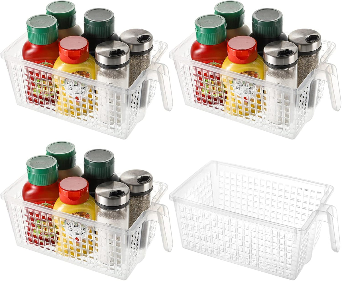 4 Pack Plastic Storage Bins with Handle, BPA-Free Kitchen Pantry Cabinet Refrigerator Food Storage Organizer for Snacks, Food, Produce, Pasta