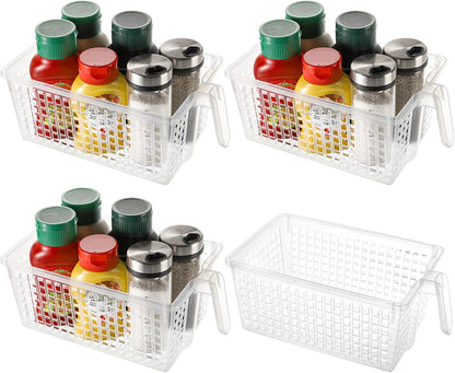 4 Pack Plastic Storage Bins with Handle, BPA-Free Kitchen Pantry Cabinet Refrigerator Food Storage Organizer for Snacks, Food, Produce, Pasta