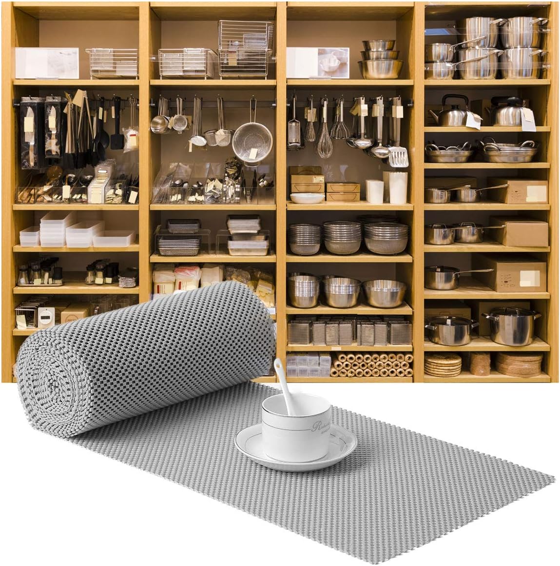 Shelf Liner, Non-Adhesive Roll Drawer Liners 12 Inches x 20 Feet, Non Slip Grip Durable Strong Clean, Shelving Liner for Kitchen cabinets,Storage, Desks, Kitchenware, Tableware, Light Gray