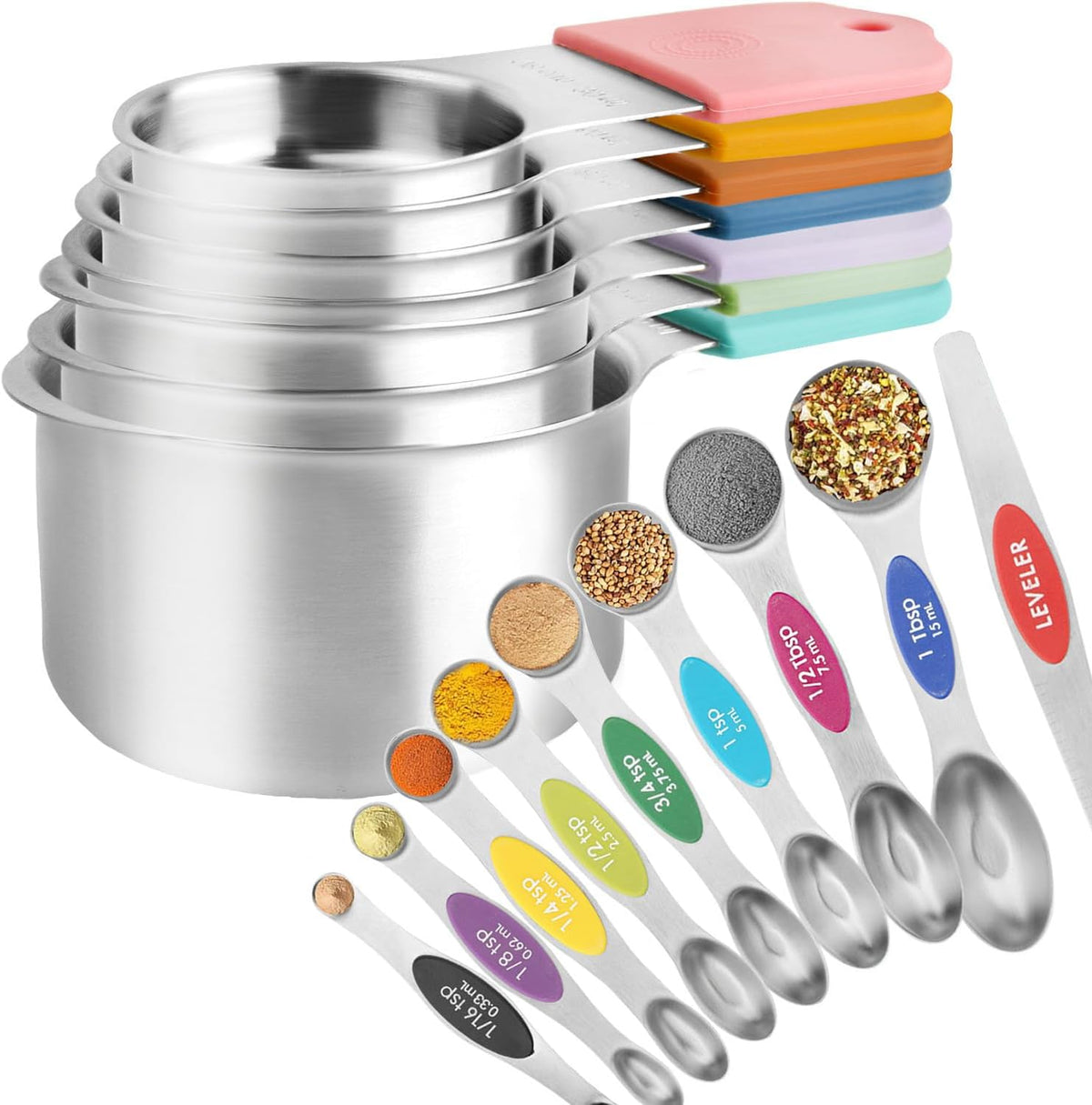 16 Pcs Magnetic Measuring Cups and Spoons Set,Stackable Metal Measure Cup for Measuring Dry and Liquid Ingredients,Kitchen Dry Food, Cooking Baking Measurements,Silvery