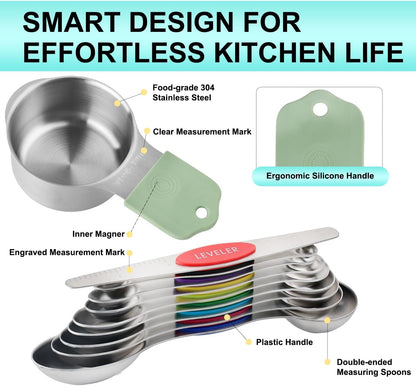 16 Pcs Magnetic Measuring Cups and Spoons Set,Stackable Metal Measure Cup for Measuring Dry and Liquid Ingredients,Kitchen Dry Food, Cooking Baking Measurements,Silvery