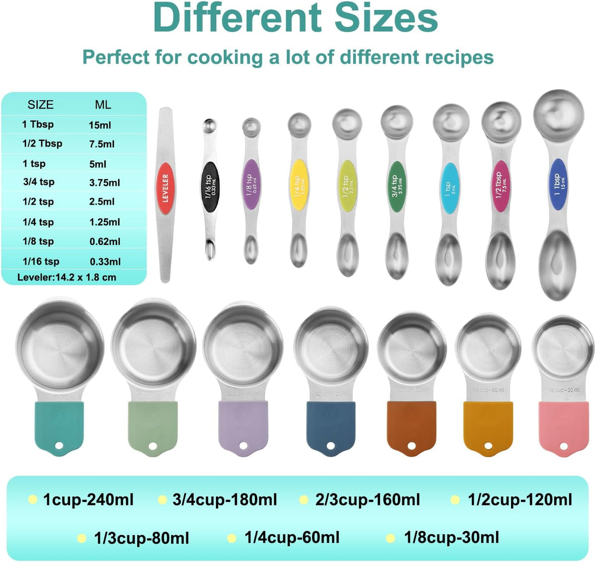 16 Pcs Magnetic Measuring Cups and Spoons Set,Stackable Metal Measure Cup for Measuring Dry and Liquid Ingredients,Kitchen Dry Food, Cooking Baking Measurements,Silvery