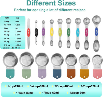 16 Pcs Magnetic Measuring Cups and Spoons Set,Stackable Metal Measure Cup for Measuring Dry and Liquid Ingredients,Kitchen Dry Food, Cooking Baking Measurements,Silvery