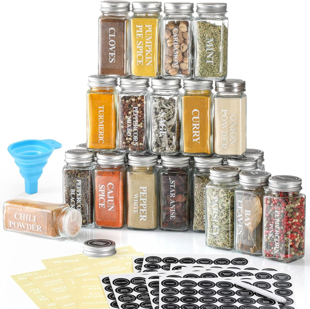 24 Pcs Glass Spice Jars with Labels - 4oz Empty Square Spice Bottles Containers, Condiment Pot, Shaker Lids and Airtight Metal Caps - Silicone Collapsible Funnel