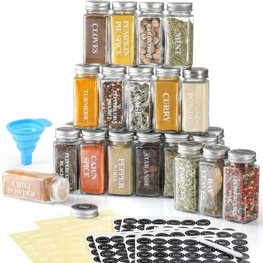 24 Pcs Glass Spice Jars with Labels - 4oz Empty Square Spice Bottles Containers, Condiment Pot, Shaker Lids and Airtight Metal Caps - Silicone Collapsible Funnel