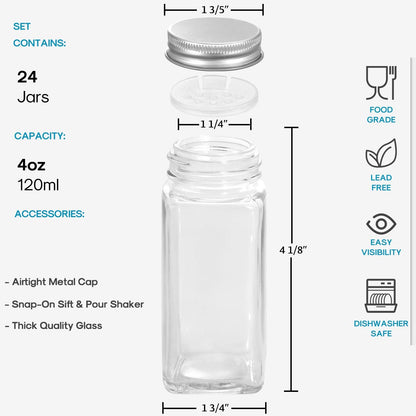 24 Pcs Glass Spice Jars with Labels - 4oz Empty Square Spice Bottles Containers, Condiment Pot, Shaker Lids and Airtight Metal Caps - Silicone Collapsible Funnel