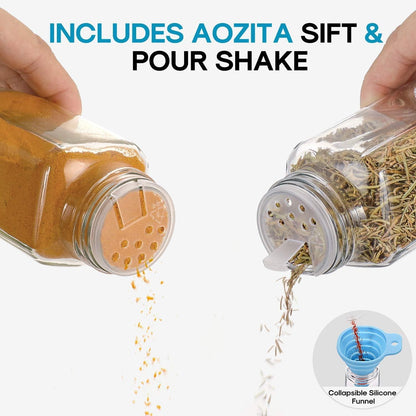 24 Pcs Glass Spice Jars with Labels - 4oz Empty Square Spice Bottles Containers, Condiment Pot, Shaker Lids and Airtight Metal Caps - Silicone Collapsible Funnel