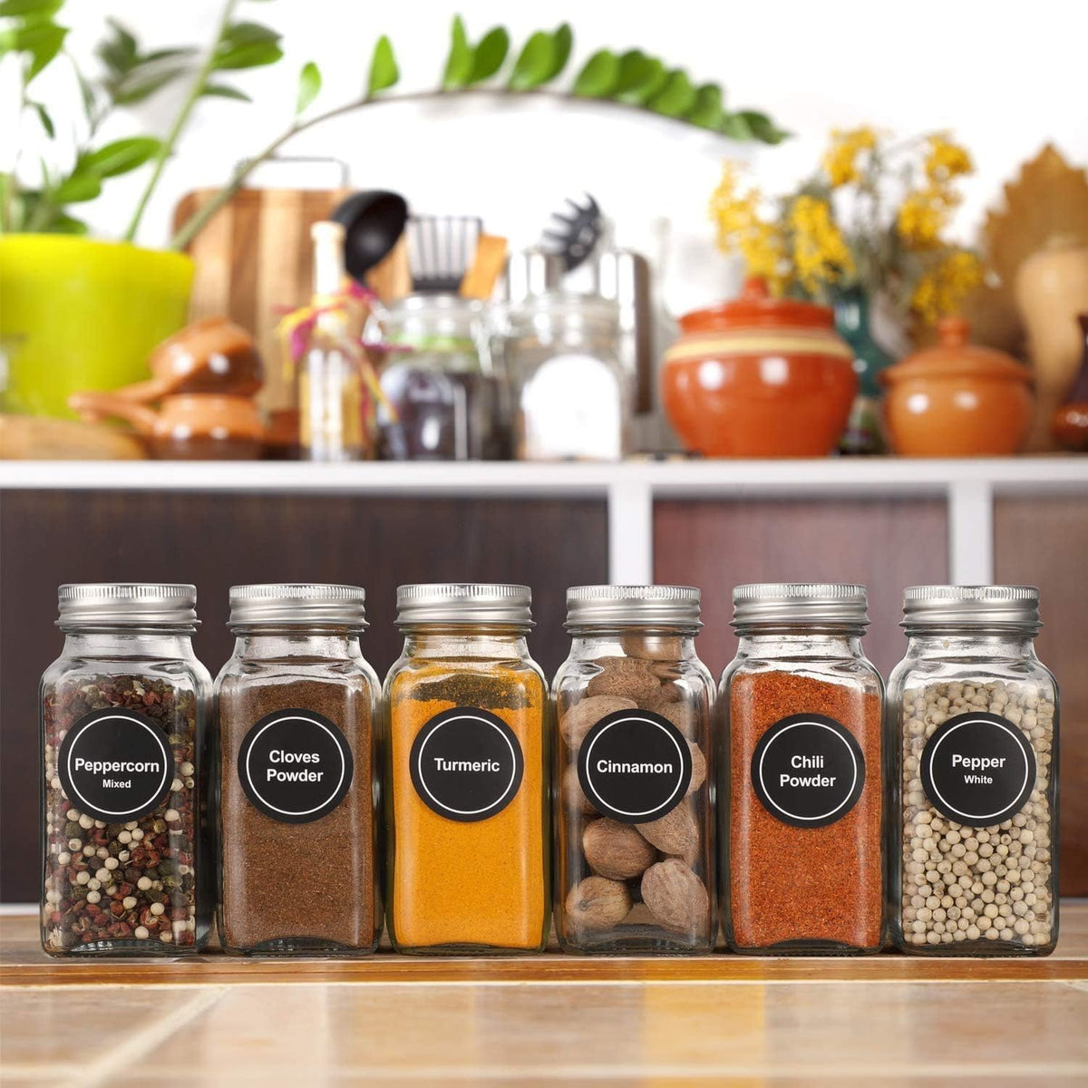 24 Pcs Glass Spice Jars with Labels - 4oz Empty Square Spice Bottles Containers, Condiment Pot, Shaker Lids and Airtight Metal Caps - Silicone Collapsible Funnel