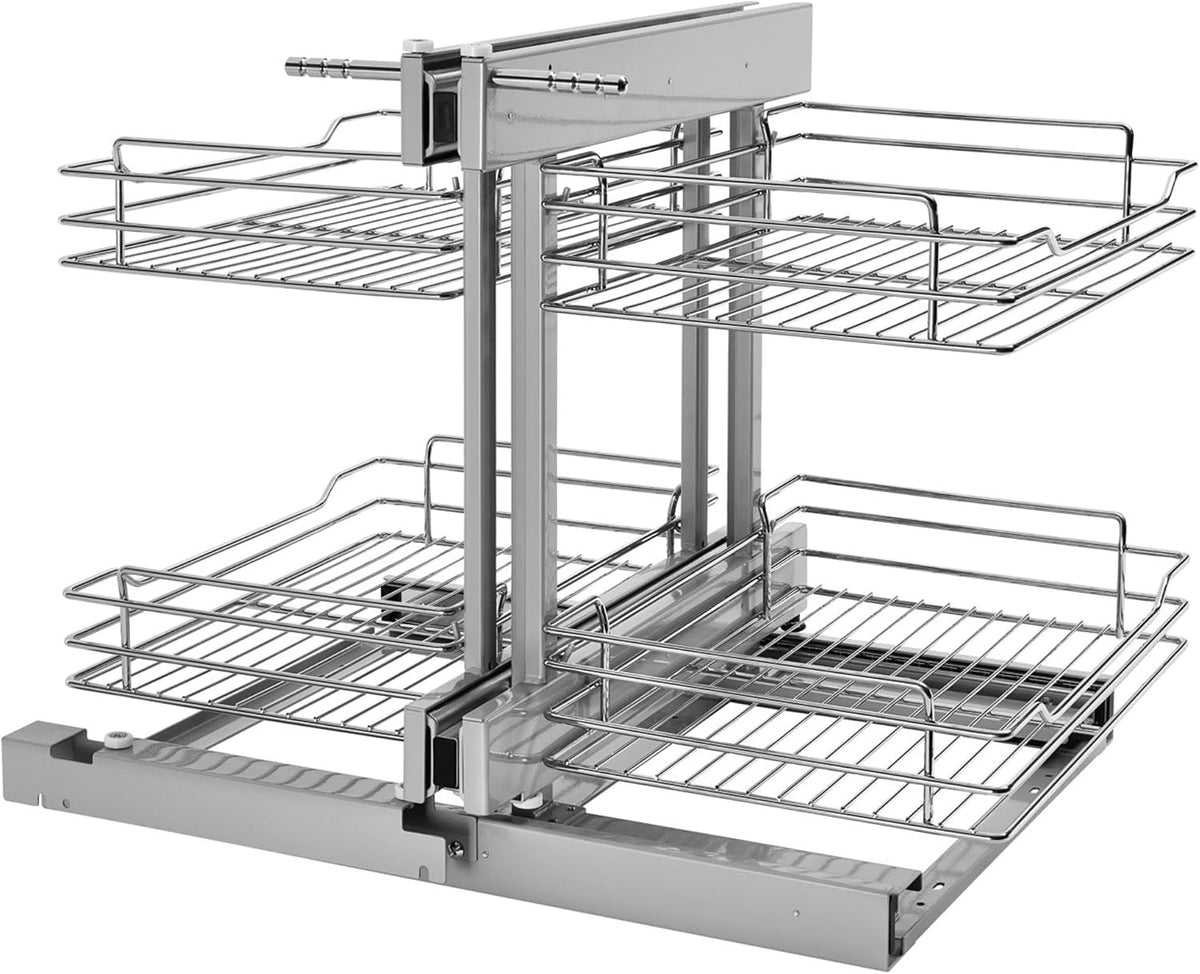 Chrome Two-Tier Wire Bottom Pullout Organizer with Soft-Close for Blind Corner Base Kitchen Cabinets, Adjustable 4-Basket Storage System, Min Opening Width of 15", 5PSP-15SC-CR