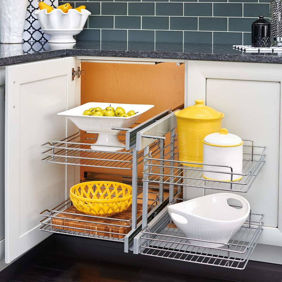 Chrome Two-Tier Wire Bottom Pullout Organizer with Soft-Close for Blind Corner Base Kitchen Cabinets, Adjustable 4-Basket Storage System, Min Opening Width of 15", 5PSP-15SC-CR