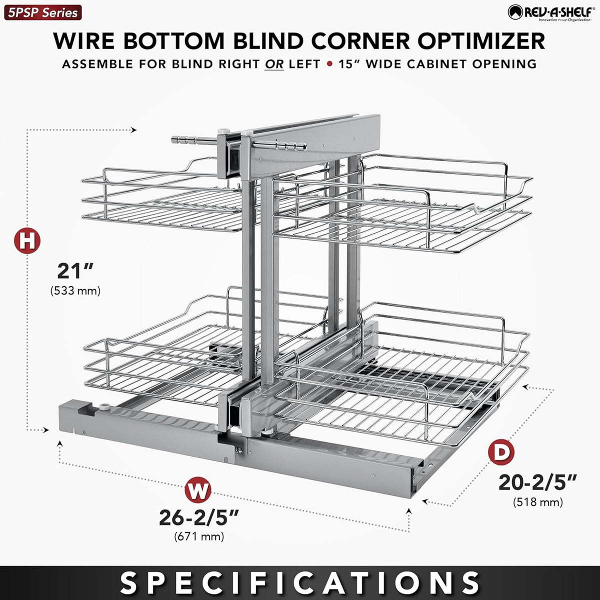Chrome Two-Tier Wire Bottom Pullout Organizer with Soft-Close for Blind Corner Base Kitchen Cabinets, Adjustable 4-Basket Storage System, Min Opening Width of 15", 5PSP-15SC-CR