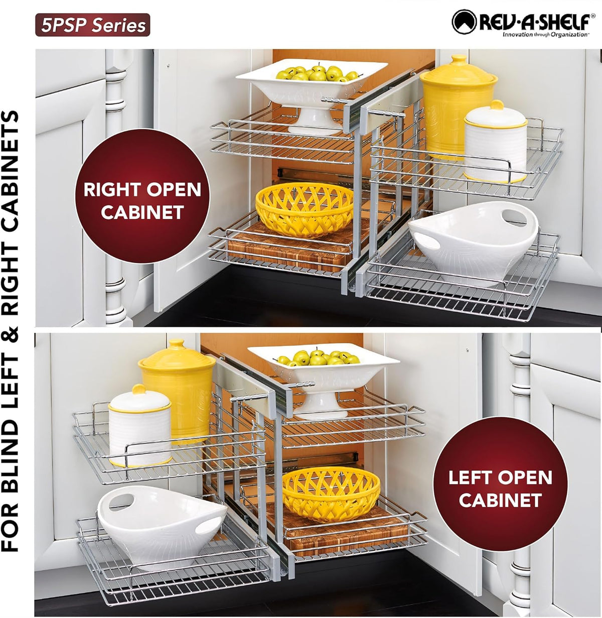 Chrome Two-Tier Wire Bottom Pullout Organizer with Soft-Close for Blind Corner Base Kitchen Cabinets, Adjustable 4-Basket Storage System, Min Opening Width of 15", 5PSP-15SC-CR