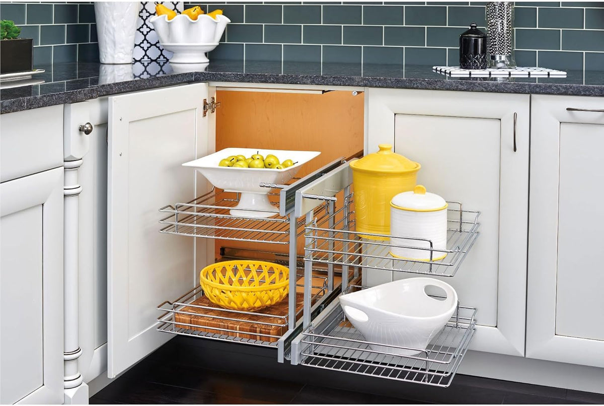 Chrome Two-Tier Wire Bottom Pullout Organizer with Soft-Close for Blind Corner Base Kitchen Cabinets, Adjustable 4-Basket Storage System, Min Opening Width of 15", 5PSP-15SC-CR