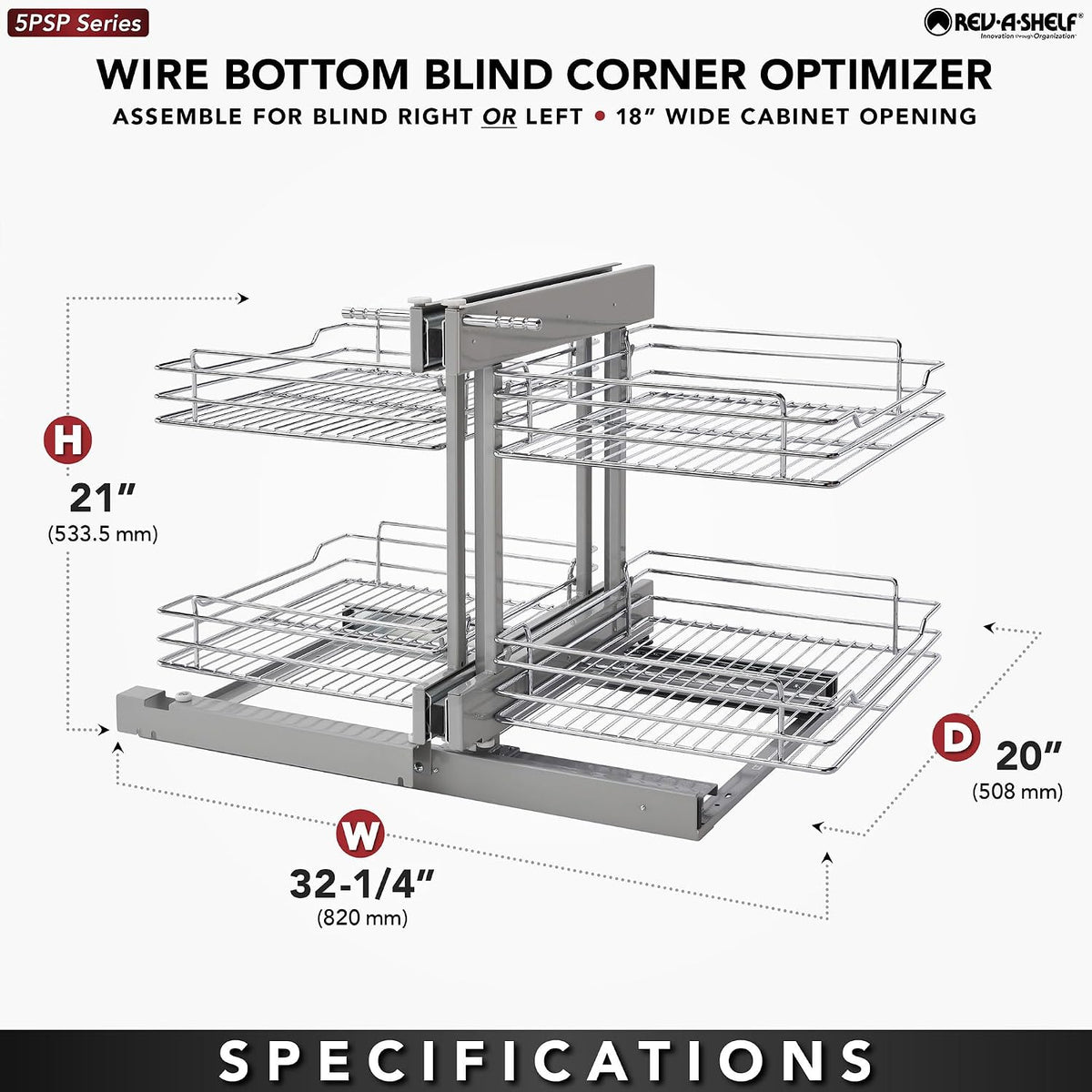 Chrome Two-Tier Wire Bottom Pullout Organizer with Soft-Close for Blind Corner Base Kitchen Cabinets, Adjustable 4-Basket Storage System, Min Opening Width of 15", 5PSP-15SC-CR