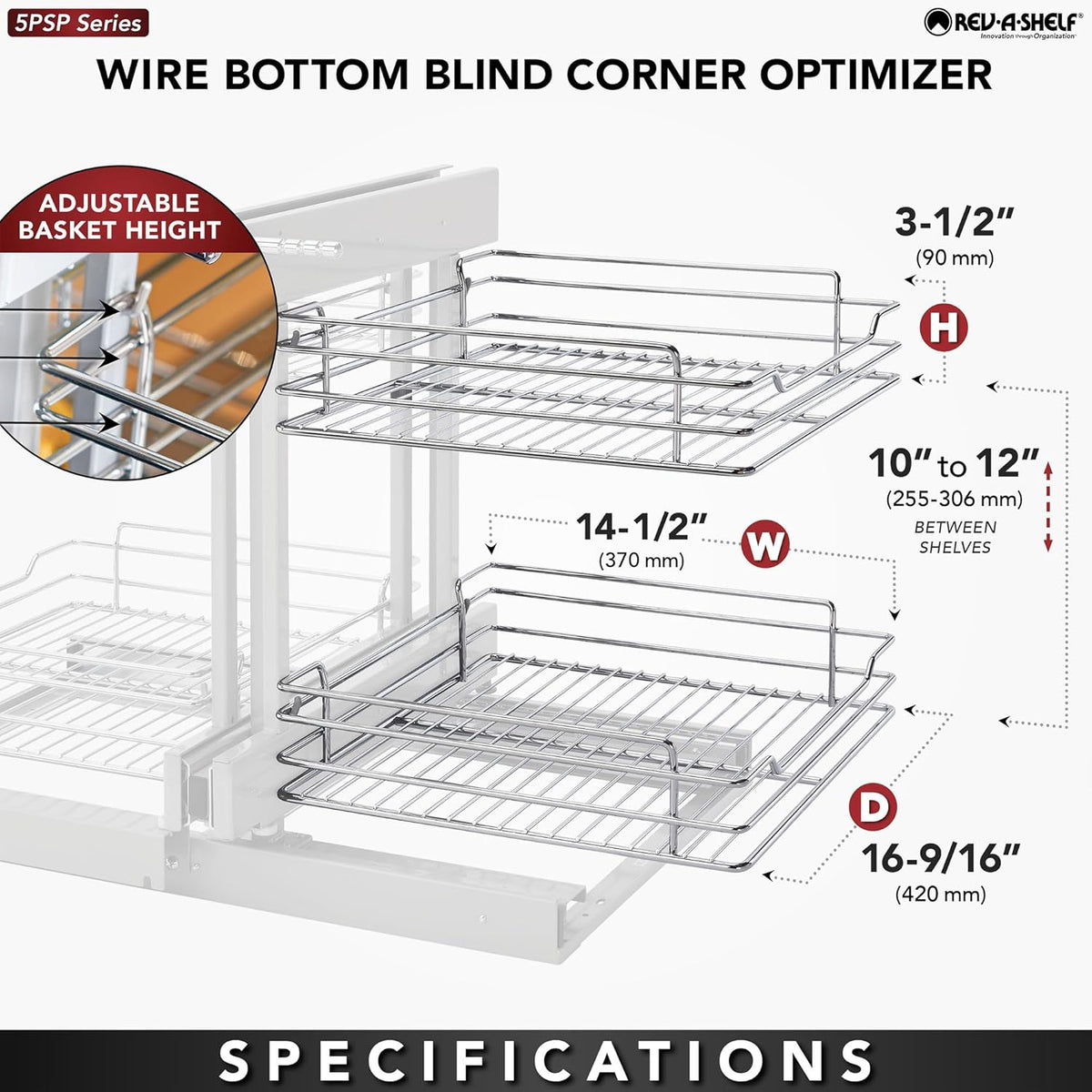Chrome Two-Tier Wire Bottom Pullout Organizer with Soft-Close for Blind Corner Base Kitchen Cabinets, Adjustable 4-Basket Storage System, Min Opening Width of 15", 5PSP-15SC-CR