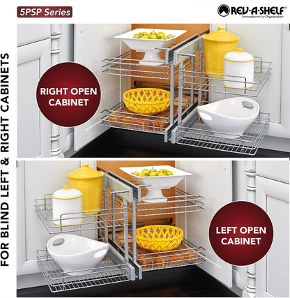 Chrome Two-Tier Wire Bottom Pullout Organizer with Soft-Close for Blind Corner Base Kitchen Cabinets, Adjustable 4-Basket Storage System, Min Opening Width of 15", 5PSP-15SC-CR