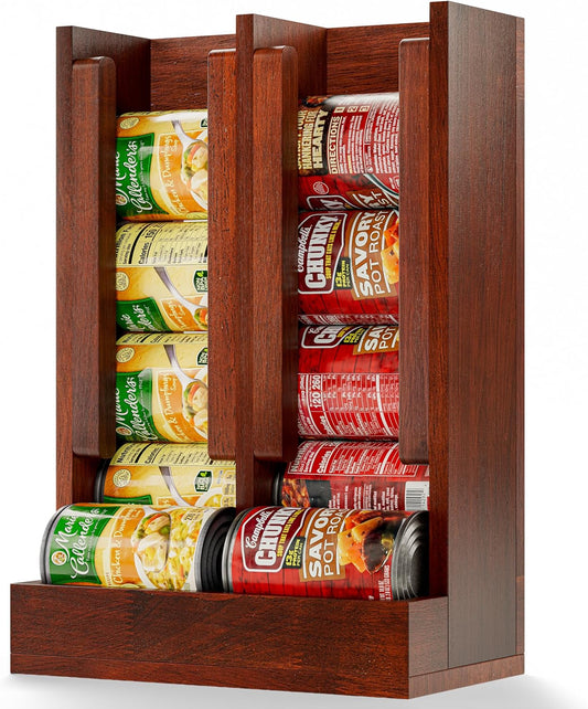 Wooden Can Organizer for Pantry, Solid Wood Canned Food Rack, Holds Standard 14.2 oz Cans, Space-Saving Kitchen Storage for Cabinets & Countertops (Brown)