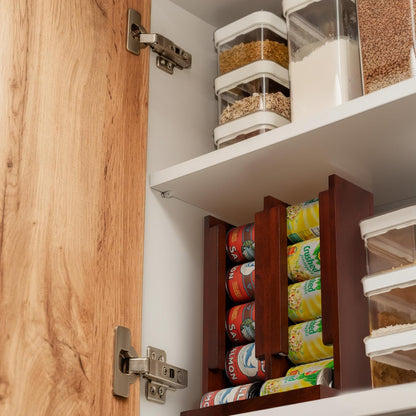 Wooden Can Organizer for Pantry, Solid Wood Canned Food Rack, Holds Standard 14.2 oz Cans, Space-Saving Kitchen Storage for Cabinets & Countertops (Brown)