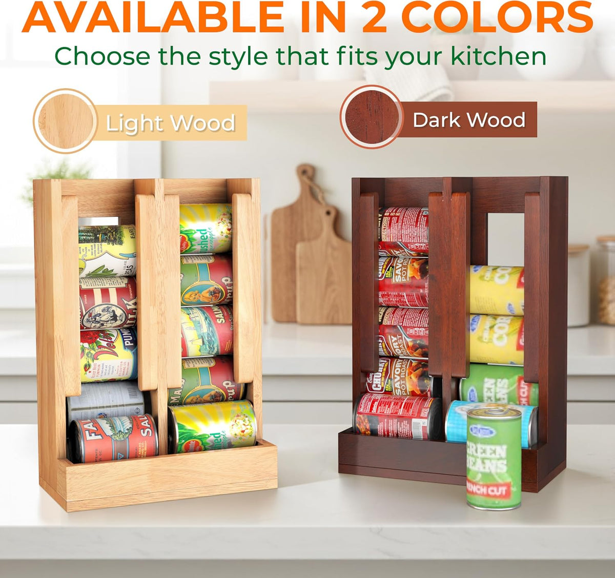 Wooden Can Organizer for Pantry, Solid Wood Canned Food Rack, Holds Standard 14.2 oz Cans, Space-Saving Kitchen Storage for Cabinets & Countertops (Brown)