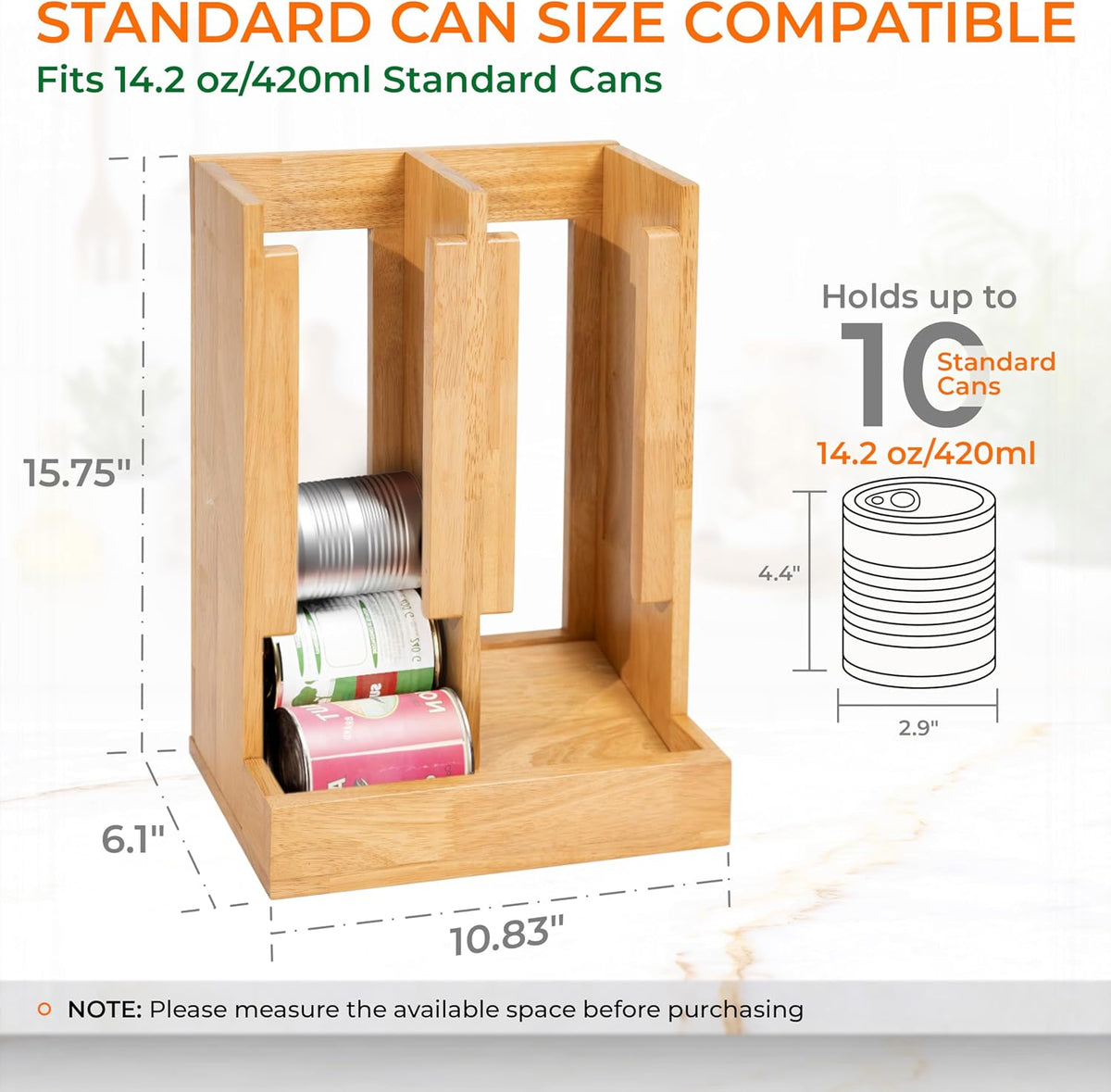 Wooden Can Organizer for Pantry, Solid Wood Canned Food Rack, Holds Standard 14.2 oz Cans, Space-Saving Kitchen Storage for Cabinets & Countertops (Brown)