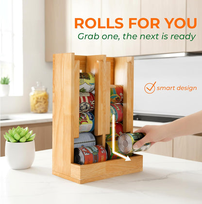 Wooden Can Organizer for Pantry, Solid Wood Canned Food Rack, Holds Standard 14.2 oz Cans, Space-Saving Kitchen Storage for Cabinets & Countertops (Brown)