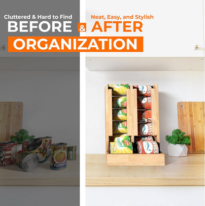 Wooden Can Organizer for Pantry, Solid Wood Canned Food Rack, Holds Standard 14.2 oz Cans, Space-Saving Kitchen Storage for Cabinets & Countertops (Brown)