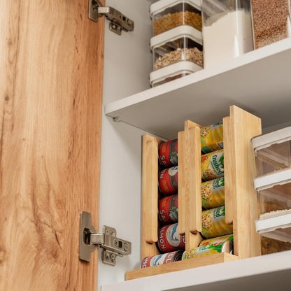 Wooden Can Organizer for Pantry, Solid Wood Canned Food Rack, Holds Standard 14.2 oz Cans, Space-Saving Kitchen Storage for Cabinets & Countertops (Brown)