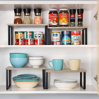 Bamboo Kitchen Cabinet and Counter Shelf Organizer, Stackable & Expandable, Set of 4, White and Natural | Stackable & Expandable Spice Rack, Space-Saving Pantry Organizers Bathroom Countertop Storage, White and Natural