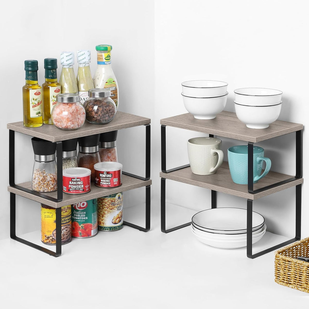 Bamboo Kitchen Cabinet and Counter Shelf Organizer, Stackable & Expandable, Set of 4, White and Natural | Stackable & Expandable Spice Rack, Space-Saving Pantry Organizers Bathroom Countertop Storage, White and Natural