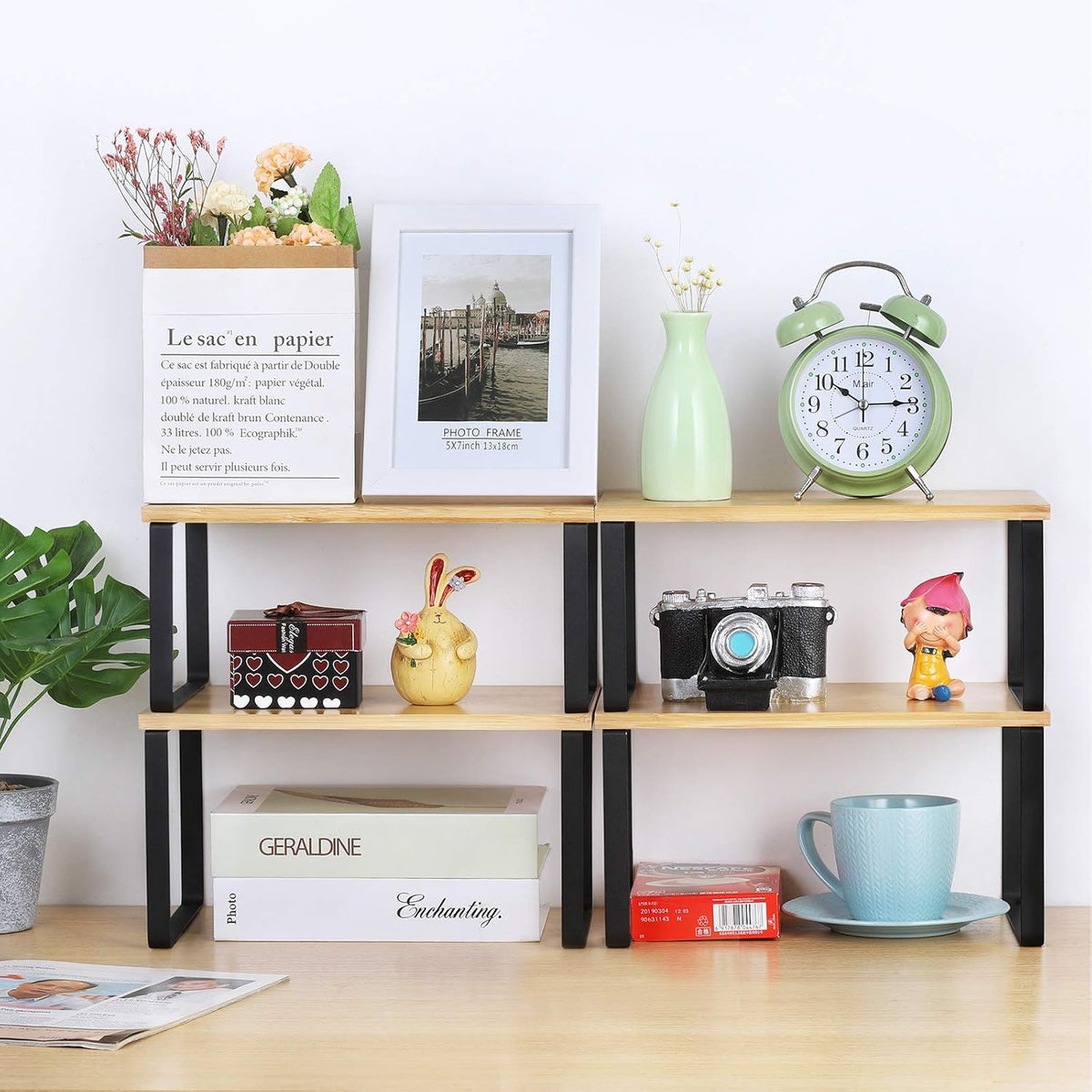 Bamboo Kitchen Cabinet and Counter Shelf Organizer, Stackable & Expandable, Set of 4, White and Natural | Stackable & Expandable Spice Rack, Space-Saving Pantry Organizers Bathroom Countertop Storage, White and Natural