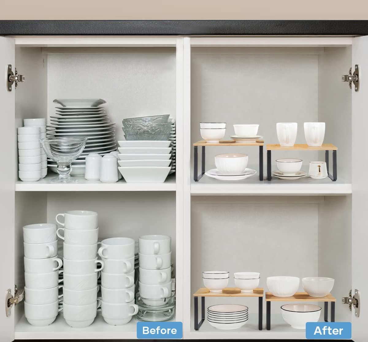 Bamboo Kitchen Cabinet and Counter Shelf Organizer, Stackable & Expandable, Set of 4, White and Natural | Stackable & Expandable Spice Rack, Space-Saving Pantry Organizers Bathroom Countertop Storage, White and Natural