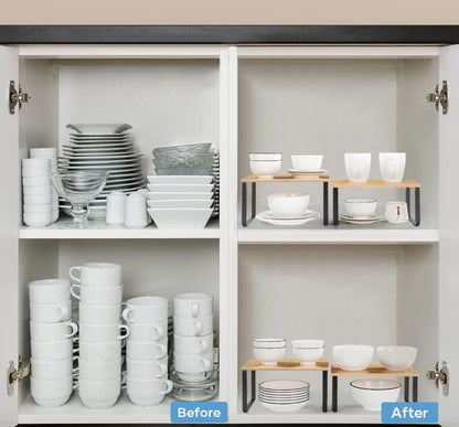 Bamboo Kitchen Cabinet and Counter Shelf Organizer, Stackable & Expandable, Set of 4, White and Natural | Stackable & Expandable Spice Rack, Space-Saving Pantry Organizers Bathroom Countertop Storage, White and Natural