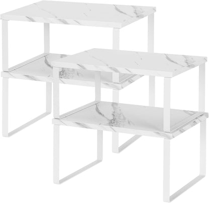 Bamboo Kitchen Cabinet and Counter Shelf Organizer, Stackable & Expandable, Set of 4, White and Natural | Stackable & Expandable Spice Rack, Space-Saving Pantry Organizers Bathroom Countertop Storage, White and Natural