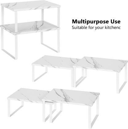Bamboo Kitchen Cabinet and Counter Shelf Organizer, Stackable & Expandable, Set of 4, White and Natural | Stackable & Expandable Spice Rack, Space-Saving Pantry Organizers Bathroom Countertop Storage, White and Natural