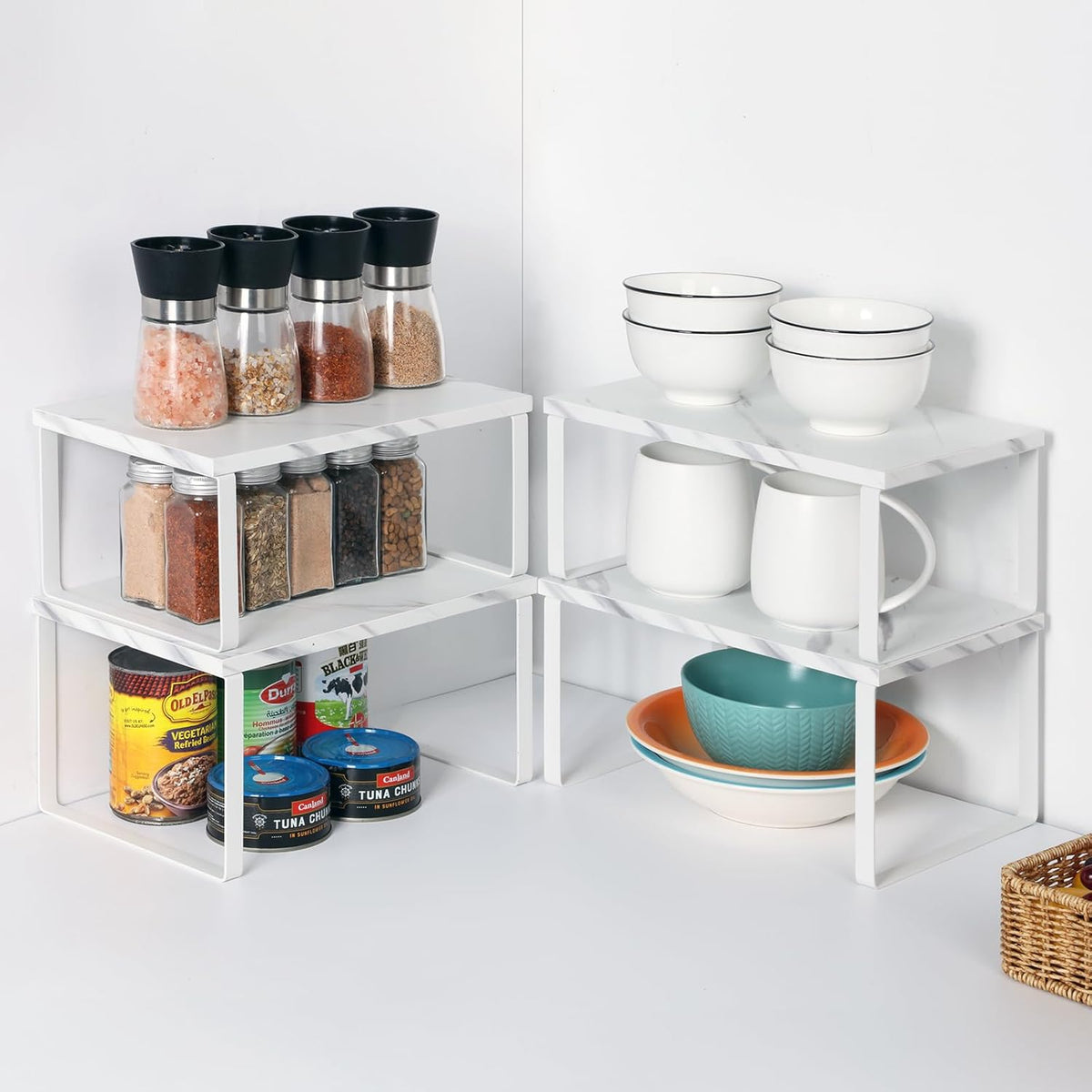 Bamboo Kitchen Cabinet and Counter Shelf Organizer, Stackable & Expandable, Set of 4, White and Natural | Stackable & Expandable Spice Rack, Space-Saving Pantry Organizers Bathroom Countertop Storage, White and Natural