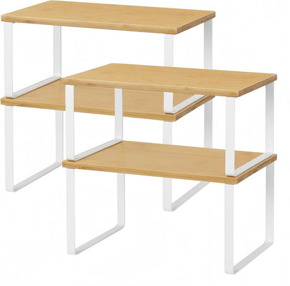 Bamboo Kitchen Cabinet and Counter Shelf Organizer, Stackable & Expandable, Set of 4, White and Natural | Stackable & Expandable Spice Rack, Space-Saving Pantry Organizers Bathroom Countertop Storage, White and Natural