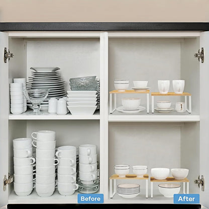 Bamboo Kitchen Cabinet and Counter Shelf Organizer, Stackable & Expandable, Set of 4, White and Natural | Stackable & Expandable Spice Rack, Space-Saving Pantry Organizers Bathroom Countertop Storage, White and Natural