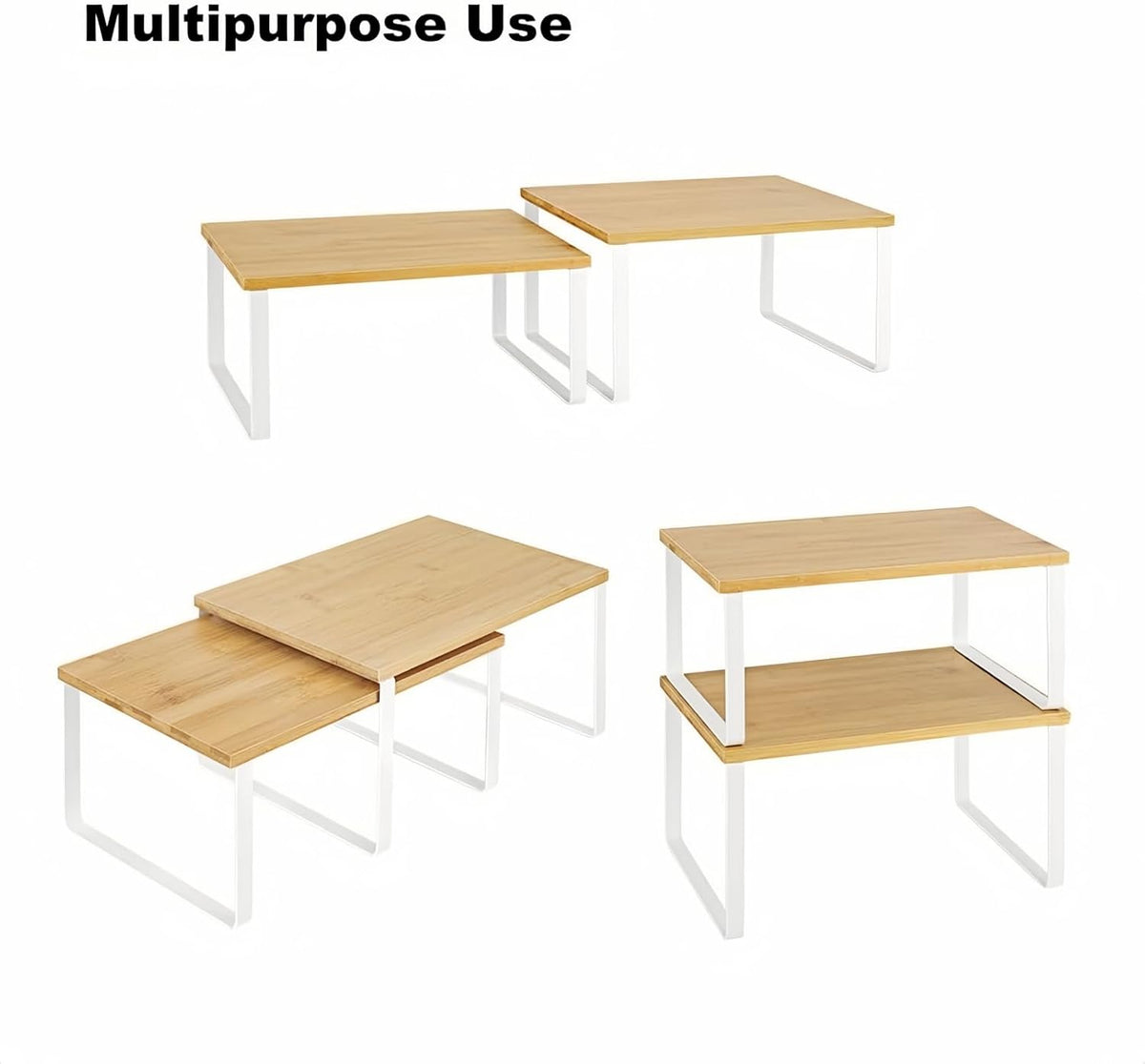 Bamboo Kitchen Cabinet and Counter Shelf Organizer, Stackable & Expandable, Set of 4, White and Natural | Stackable & Expandable Spice Rack, Space-Saving Pantry Organizers Bathroom Countertop Storage, White and Natural